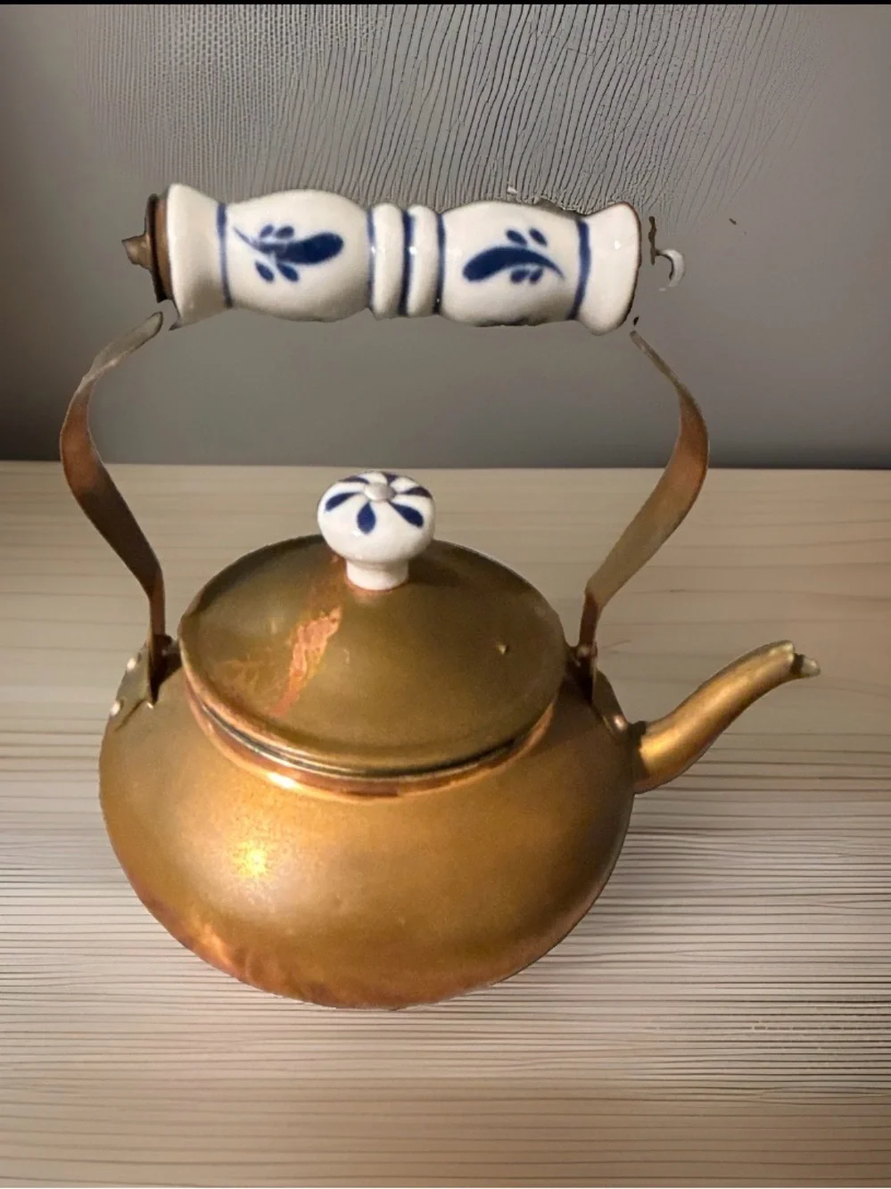Vintage Copper Plated Teapot with Porcelain Handle